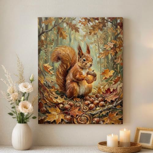 Lienzo de ardilla y hojas de otoño: calidez rústica para decorar tu salón o cocina de 40x50 cm