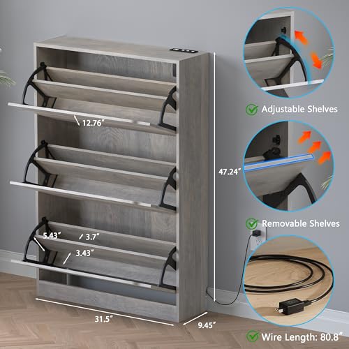Image of BORNOON Shoe Cabinet with Odor Control and Back Panels, Deodorizing Slim 3-Flip Shoe Storage Cabinet for Entryway, Freestanding Hidden Shoe Rack Organizer for Entrance, Hallway, Bedroom