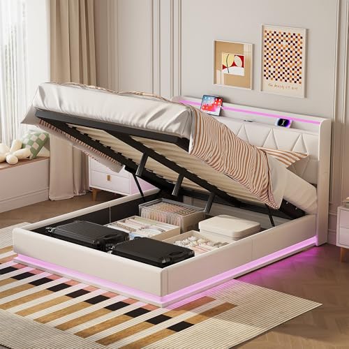 BestAlice Cama de almacenamiento hidráulica de 140 x 200 cm, cama doble tapizada con LED, cama funcional con espacio de almacenamiento y somier, cabecero con compartimento de almacenamiento, cama