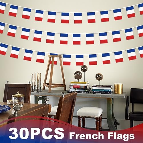 Image of France String Flag Pennant Banner, Small Mini French Flags Bunting Banner, 14th of July French Bastille Day National Country Decoration for School, Party, Sports Events, Festival, 33 Feet 30 Flags
