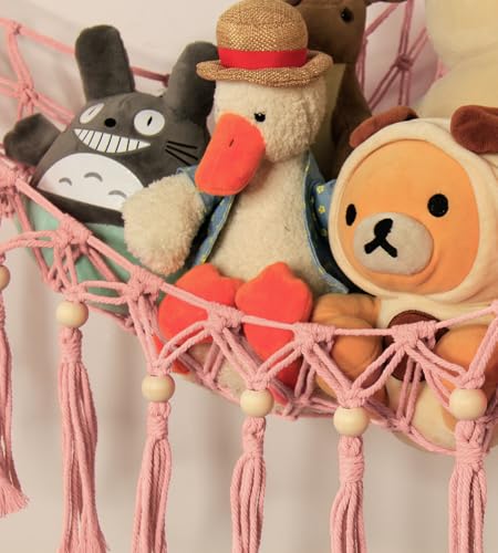 Image of Stuffed Animal Storage Hammock Corner with LED Light - Toy Hanging Organizer Plushie Net - Pink Room Decor for Teen Girls - Cute Bedroom Aesthetic Nursery Kids Baby Toddler