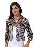 YONGHS Womens Long Sleeve Sequin Lace Shrug Scallop Hem Open Front Bolero Cardigan for Evening Dress Silver One Size
