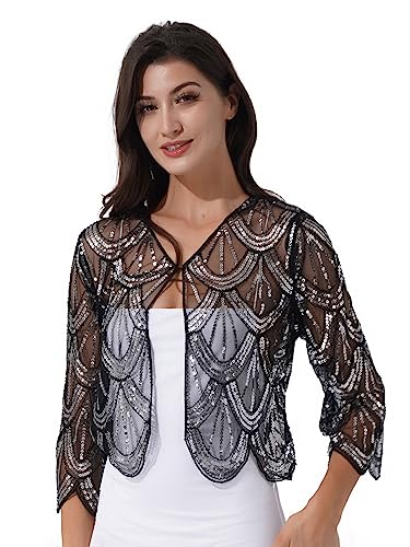 Womens Long Sleeve Sequin Lace Shrug Scallop Hem Open Front Bolero Cardigan for Evening Dress