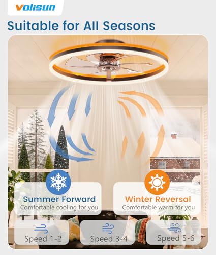 Image of VOLISUN RGB Ceiling Fan with Lights and Remote, 23.6in Low Profile Ceiling Fan Flush Mount, 3000K-6500K Dimmable Fandelier LED Fan Light, Black Bladeless Ceilings Fans for Bedroom