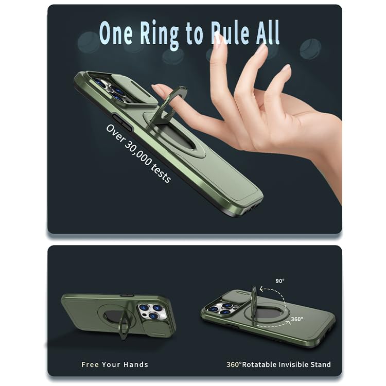 Image of LuxuryKase MagSafe Shockproof Rugged Back Case for iPhone 15 Pro | Finger Ring Kickstand & Sliding Camera Cover | Military Drop Protection | Wireless Charging Support - Green