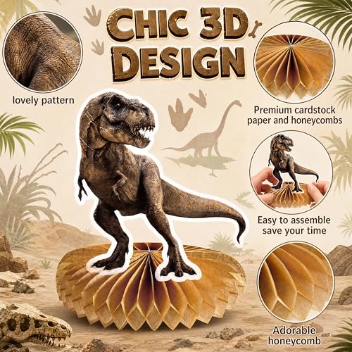 12 Pcs Dinosaur Centerpieces for Tables, 3D Realistic Dino Honeycomb Table Decorations for Boys Birthday Party Baby Shower, Prehistoric Jungle Animal Theme Desktop Decor Supplies by jenlion - Used condition - Image 4