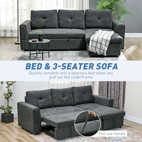 HOMCOM 3 Seater Sofa Bed, L-Shaped Corner Sofa, Pull Out Sofa with Storage, Convertible Click Clack Settee Sectional Sleeper Futon for Living Room, Office, Dark Grey - Image 4