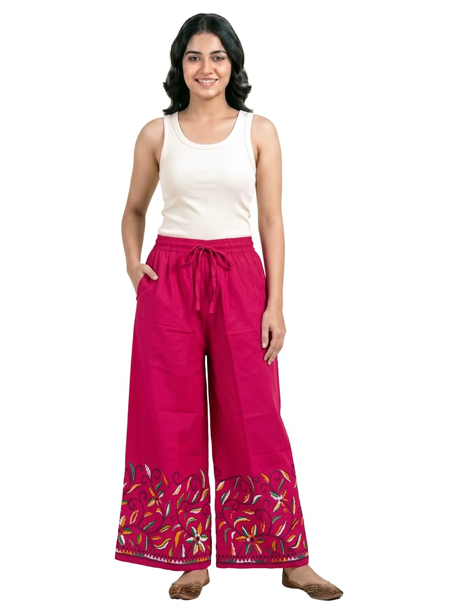 Women's Hand Embroidered Kantha Stitch Cotton Palazzo with Pocket (Pink- 0626024; Free Size)-image-35