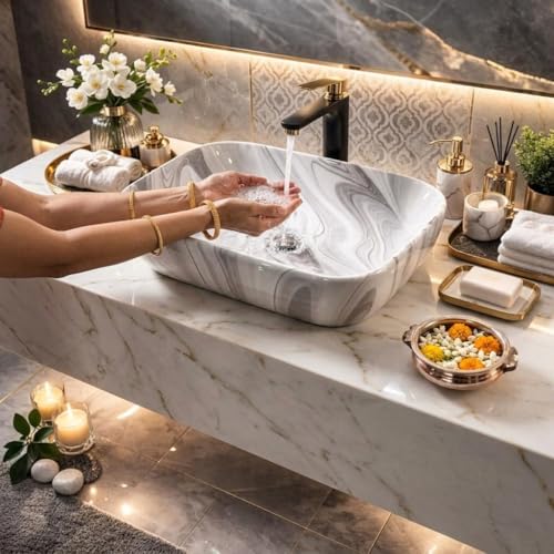 Image of Ceramic Tabletop Wash Basin - Glossy Rectangular Countertop Vessel Sink with Marble Finish for Bathroom & Vanity | Compact 18 x 13 x 5 Inch | Elegant Washbasin