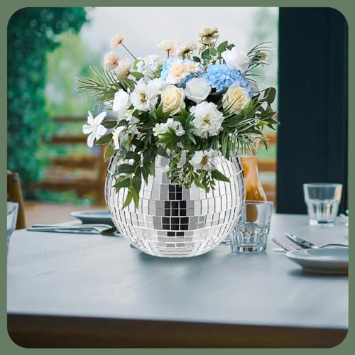 Image of 6 Pcs Disco Vase, Silver Mirror Ball Disco Ball Planter 5 inch X 6 inch Glass Silver Candle Holder White Vases for Centerpieces Table Decorations Party Wedding Birthday Gift