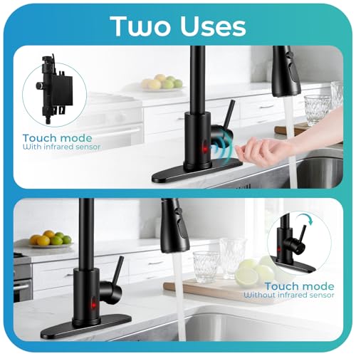 Image of Touchless Kitchen Faucet with Pull Down Sprayer - Matte Black Single Handle Kitchen Faucets, High Arc Stainless Steel Pull Out Kitchen Sink Faucet with Deck for RV Laundry Farmhouse Bar