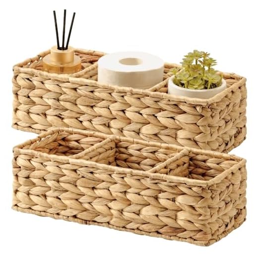 StorageWorks 3-Section Wicker Baskets for Shelves, Hand-Woven Water Hyacinth Storage Baskets, 2-Pack