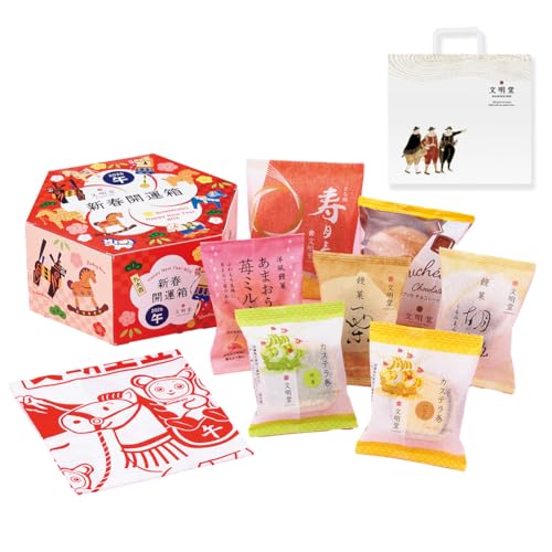 【予約販売】文明堂 新春開運箱(カステラ巻(ハニー・抹茶) 寿月三笠 栗饅頭 くるみ饅頭 洋風饅菓苺ミルク ブッセチョコレート 各1個) お正月 年賀 お年賀 ギフト 冬ギフト 個包装 お菓子 和菓子 洋菓子 プレゼント お祝い お取り寄せ 箱入り 手土産 午年 カステラ 贈り物 年末年始 縁起物 帰省土産 ※こちらの商品は12月24日以降の発送となります ※出荷元と販売元が【公式】文明堂東京となっていることをご確認ください。のサムネイル