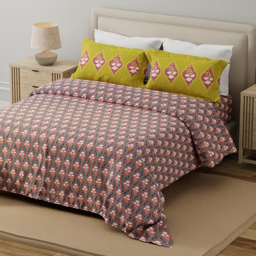 Image of Layers 100% Cotton for Double Size Bed | 120 TC Floral, Soft, Breathable, Machine Washable Bedsheet with 2 Pillow Covers | Forever Collection (224 x 254 cm) - Pink & Blue
