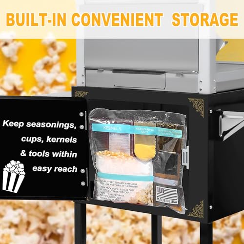 Image of Commercial Popcorn Machine with Cart & Wheels - Popcorn Maker Machine with 22OZ Stainless Steel Kettle, Pop corn Machine Maker for Home, Parties, Movie Theater, Black
