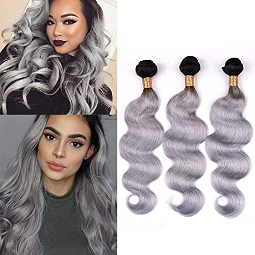 muaowig Ombre Bundles 1B Grey Human Hair Bundles 8 10 12 inch Hair Weave Body Wave Brazilian Remy Hair Bundles Ombre Hair Extensions 3 Bundles By Muao