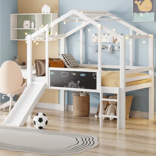 Lit enfant 90 x 200 cm avec échelle de sécurité et toboggan de sécurité, lit mezzanine avec...