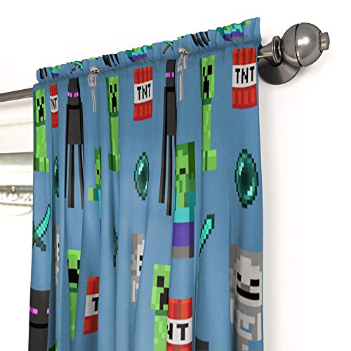Image of Jay Franco Kids Window Drapes - 4 Piece Curtain Set Includes 2 Tiebacks, Beautiful Bedding Room Decor and Easy Set Up, Blue - Minecraft, 63 Inch (Pack of 2)
