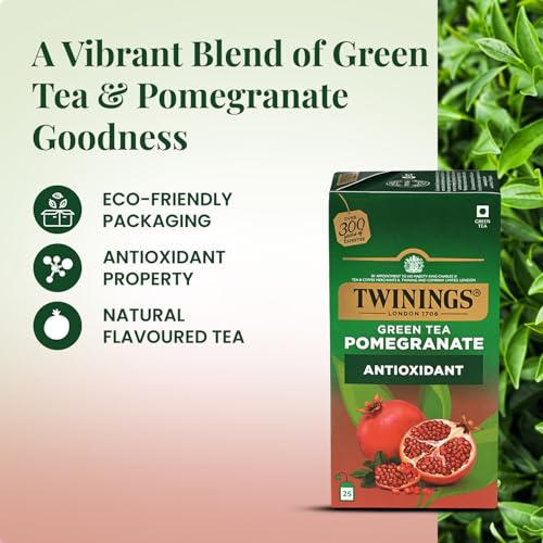 Image of Twinings Green Tea & Pomegranate, 25 Tea Bags| Pack of 1| Perfectly Balanced & Refreshing Taste| Light, Fruity Flavour| Low Calorie| Handpicked Green Tea Leaves| Enjoy as Hot or Iced Tea