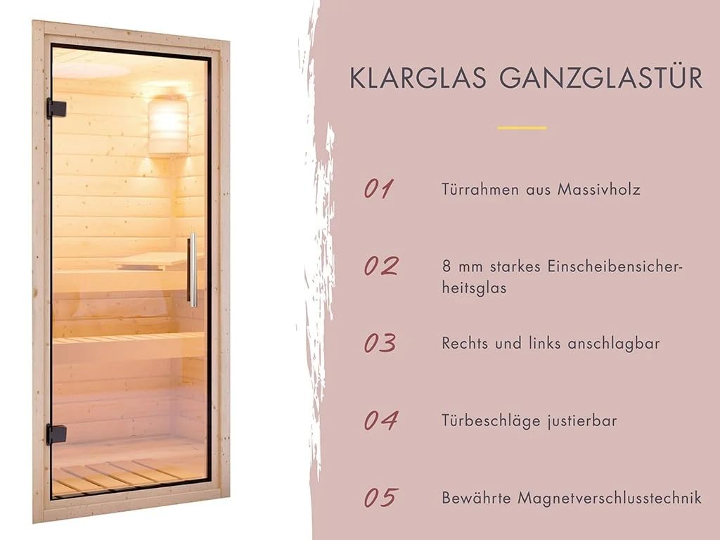 Yalda, Braun, 158x158x207 cm, Massivholzsauna, Eckdesign, 9 kW Ofen, externe Steuerung, inklusive Liegen, SPARSET Set, 0 x 0 x 0 cm
