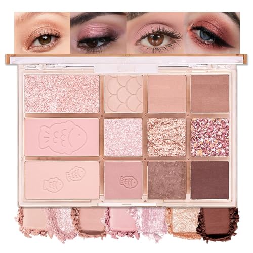 Image of SUAKE Nude Pink Eyeshadow Palette, Matte & Shimmer, High Pigmented 12 Colors Brown Purple Eye Shadow Primers for Eye Makeup, Korean Powder Palet de sombras de ojos (04# Red Bean)