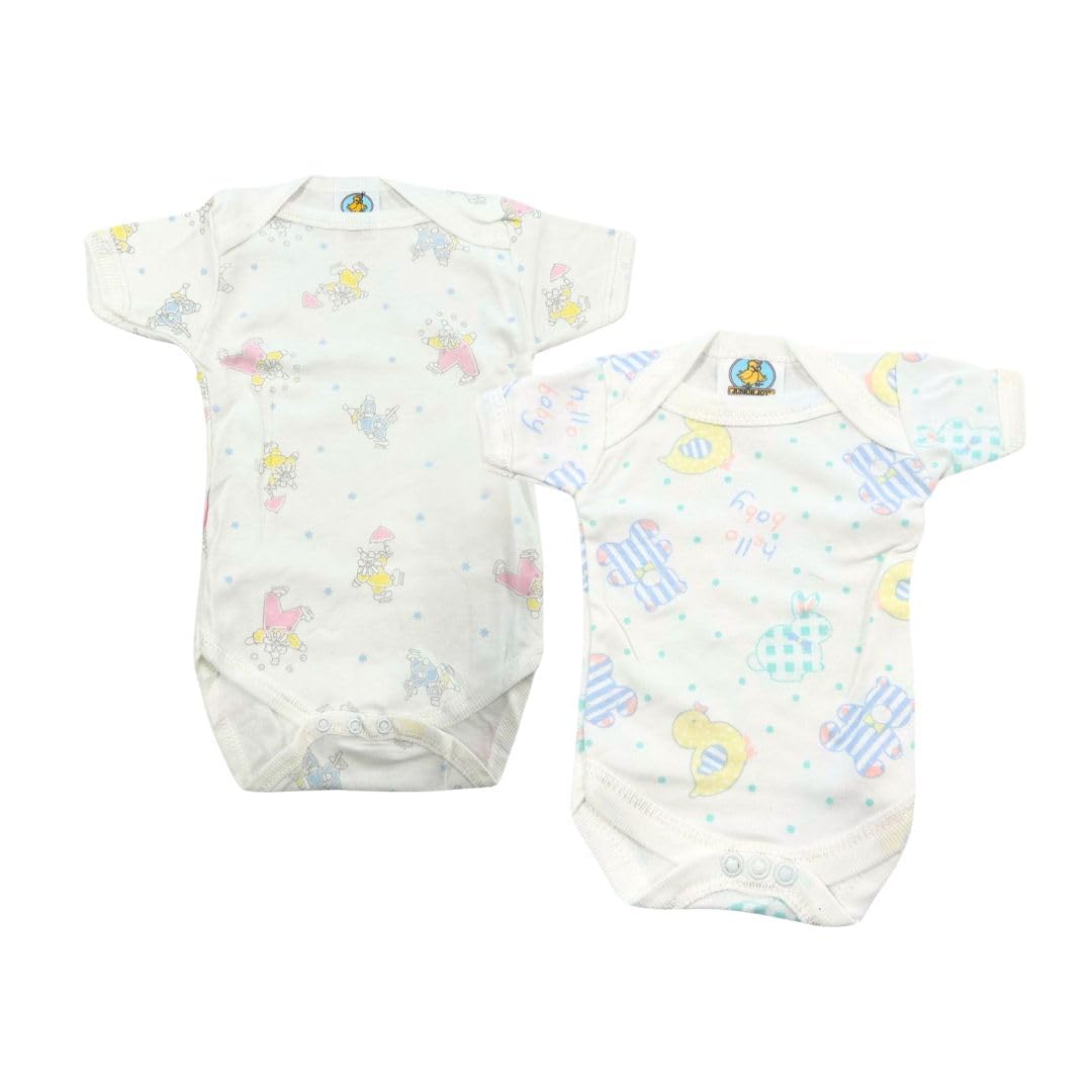 Junior Joy – 2 Pack Baby Cream Printed Bodysuits for Premature Babies, Envelope Neck, Short Sleeves, 100% Cotton, Popper Fastening for Easy Nappy Changes