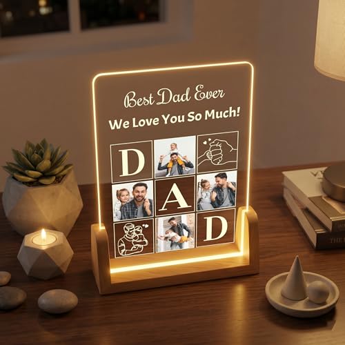 Image of Giftplease Personalized Rectangular Acrylic Wood Photo Frame | Warm LED Light Base Custom 4 Picture Alphabet Block Night Decor for Father Papa Husband | Fathers Day Best Dad Birthday Tabletop