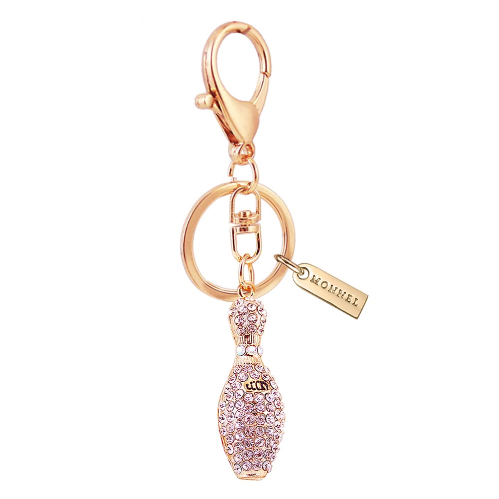 MONNEL MZ933 Gorgeous Crystal 3D Bowling Charm Pendant Lobster Clasp Key Ring Keychain (Gold)
