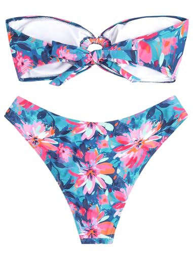 Image of ZAFUL Women's Bandeau Bikini O Ring Strapless Tie Back High Cut Two Piece Swimsuit Bathing Suits