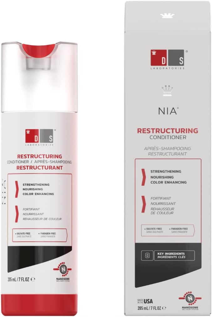 NIA Acondicionador para cabello dañado de DS Laboratories, repara las puntas abiertas, controla el encrespamiento, fortalece el cabello y reduce la rotura (205 ml)