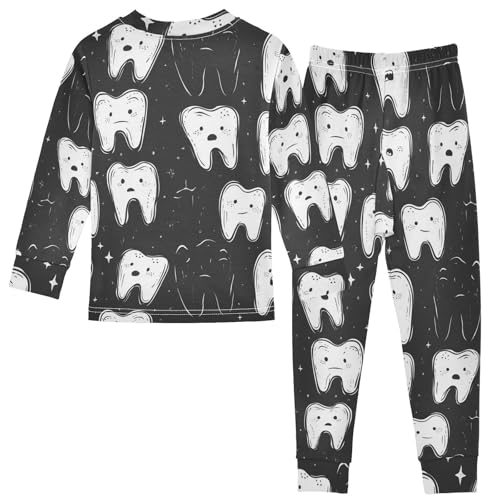 Pajama Sets Long Sleeve Tooth Characters on Black Soft Comfy Sleepwear 2 Piece PJS 3-8T3