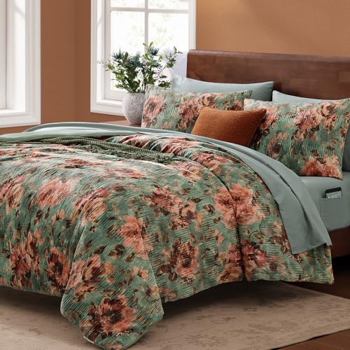 CASAAGUSTO Full Comforter Set, 7 PCS Sage & Red Floral Comforter Set with Flowers Leaves Pattern, Soft Velvet Design for Winter Full Size Bedding Set(80"X90")