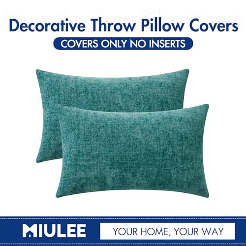 Image of MIULEE Pack of 2 Couch Throw Pillow Covers 12x20 Inch Soft Teal Chenille Lumbar Pillow Covers for Sofa Living Room Solid Dyed Cases