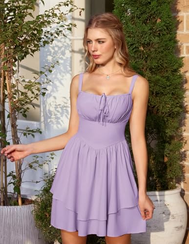 Image of Scarlet Darkness Corset Mini Dress for Women Teens Grad Homecoming Sundress | Corset mini dress with adjustable straps, square neck front tie, smocked back, left zip, side pockets, dual-layer A-line hem