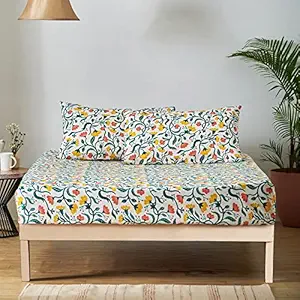 Chumbak Teal Holland Flower Fields Double Bedsheet - Queen Size with 2 Pillow Covers, 136TC, Cotton Rich, Floral White