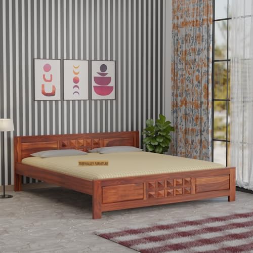 Image of Solid Sheesham Wood Queen Size Bed Without Storage | Double Bed Cot for Bedroom | Palang Double Bed for Hotels | Wooden Double cot for Living Room | Rosewood, Honey Finish