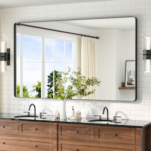 Image of TETOTE 60 x 36 Black Mirror for Bathroom Large Black Framed Mirror for Bathroom, Tempered Glass, Wall Mounted, Entryway, Bedroom, Living Room(Horizontal /Vertical)