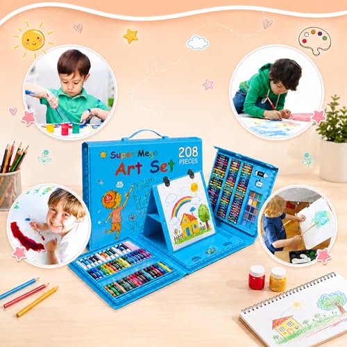 Image of WISHKEY 208 Pieces Art Set for Kids with Storage Case, All in One Art and Craft Supplies Kit for Drawing and Painting with Marker, Watercolor, Pens, Crayons, Color Pencils (Pack of 1, Blue)