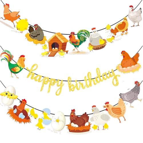 Image of 3pcs Chicken Birthday Decorations Gold Glitter Happy Birthday Banner and Chicken Paper Garlands for Spring Easter Hen & Chick Farm Theme Party Decor Supplies