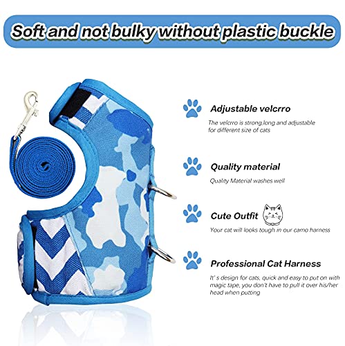 Image of Cat Harness and Leash for Walking Escape Proof, Adjustable Cat Vest Harness, Padded Stylish Cat Walking Jackets, Blue Camo, X-Small