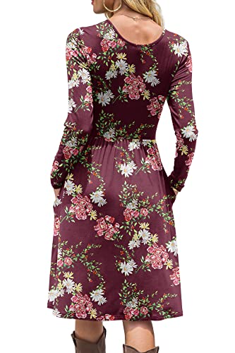 DB MOON Women Casual Long Sleeve Dresses Empire Waist Loose Dress with Pockets (Flower Wine Red, XL)