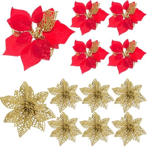 24 Pcs Poinsettia Flowers Set - 2 Sizes Artificial Christmas Flowers with Clips for Xmas Tree, Wreath Decor Decorator-Grade Xmas Decorations for Home, Red Gold