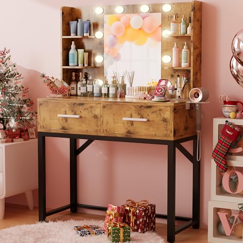 Image of Furmax Vanity Desk with Mirror and Light Bulb, Small Makeup Vanity Table with Drawers, Dressing Table with Power Outlet and Hair Dryer Holder for Bedroom (Rustic Brown & Black)
