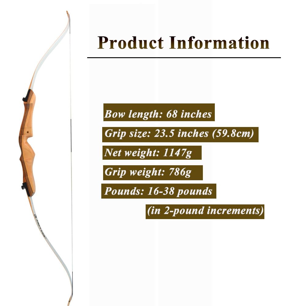 Bogenschießen 68" Takedown Recurve Bogen Hölzerner Langbogen 16-38 lbs Outdoor Jagdbogen zum Adult Target Practice und Sport Spiel Schießen