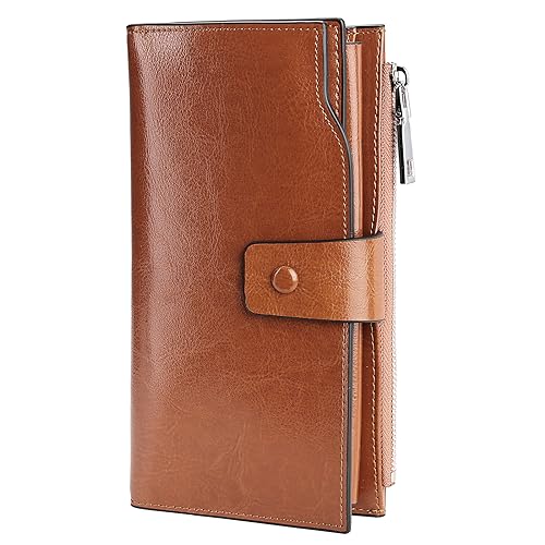 Image of YALUXE Women's RFID Real Leather Wallet with 21 Card Slots Phone Pocket | Waxed Leather, RFID Blocking, 20 Credit Card Slots, 1 ID Window, 3 Slit Pockets, Bill, Ticket, Phone Pocket