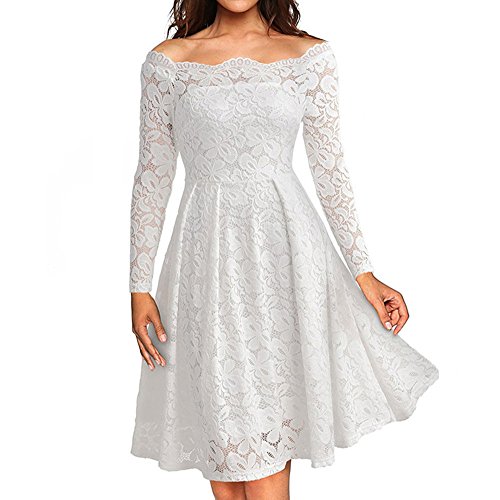 Toimothcn Womens Vintage Dresses Lace Floral Off Shoulder Long Sleeve Swing Dress A-Line Cocktail Party Prom(White,L)