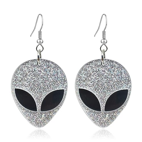 Alien Earrings for Women Girls Cute Funny Cartoon Green Alien Head Dangle Earrings Novelty Acrylic Statement Earrings