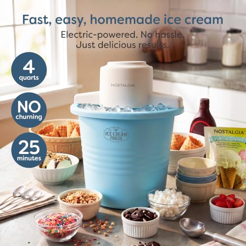 Image of Nostalgia Electric Ice Cream Maker - Old Fashioned Soft Serve Ice Cream Machine Makes Frozen Yogurt or Gelato in Minutes - Fun Kitchen Appliance - Blue - 4 Quart