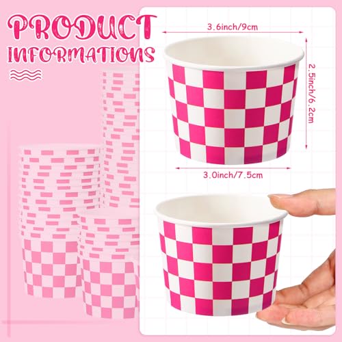 Image of Zopeal 50 Count Hot Pink Checkered Ice Cream Cups Disposable Race Car