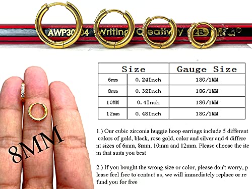 Image of Hypoallergenic Unisex Surgical Steel Small Cubic Zirconia Huggie Hoop Earring, Color Gold - Silver - Rose Gold - Black - Rainbow, Size 6mm- 12mm Safe for Sensitive Ear